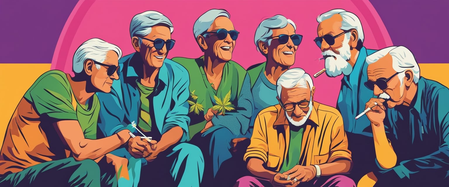 A group of elderly individuals sitting in a circle, passing around a joint and smoking cannabis