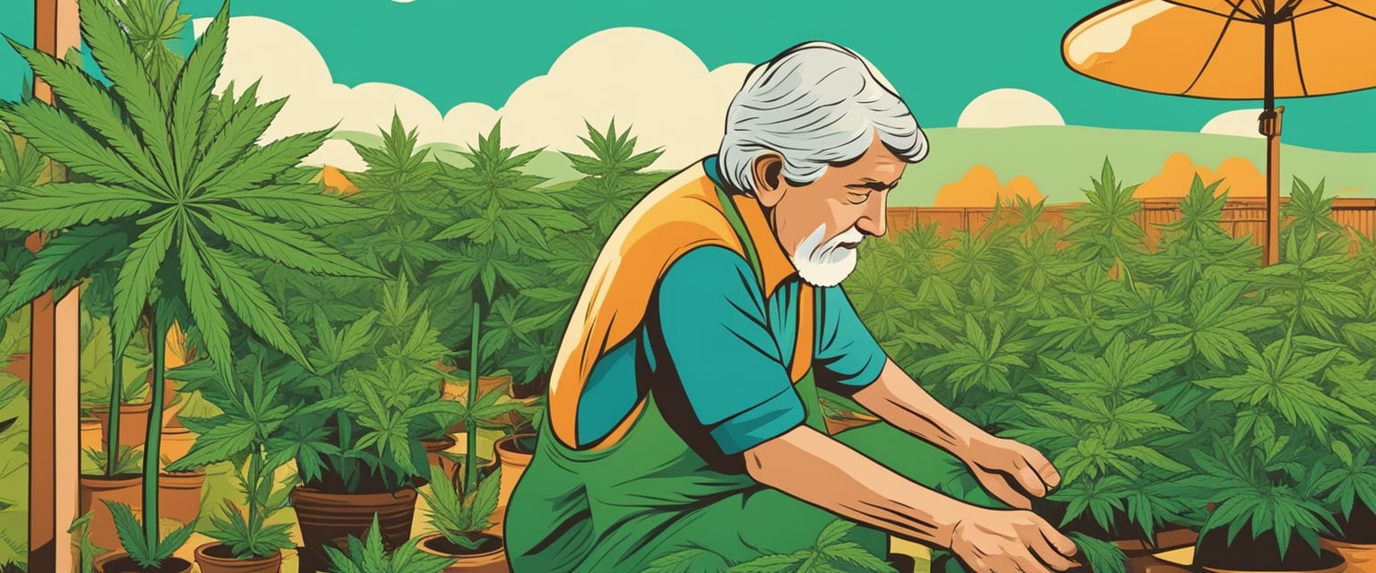Elderly person gardening with cannabis plants, surrounded by positive social interactions and acceptance