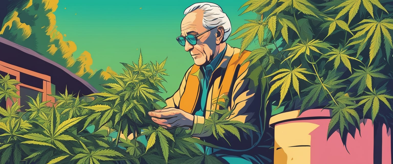 An elderly person peacefully tending to a flourishing cannabis plant in a sunlit garden