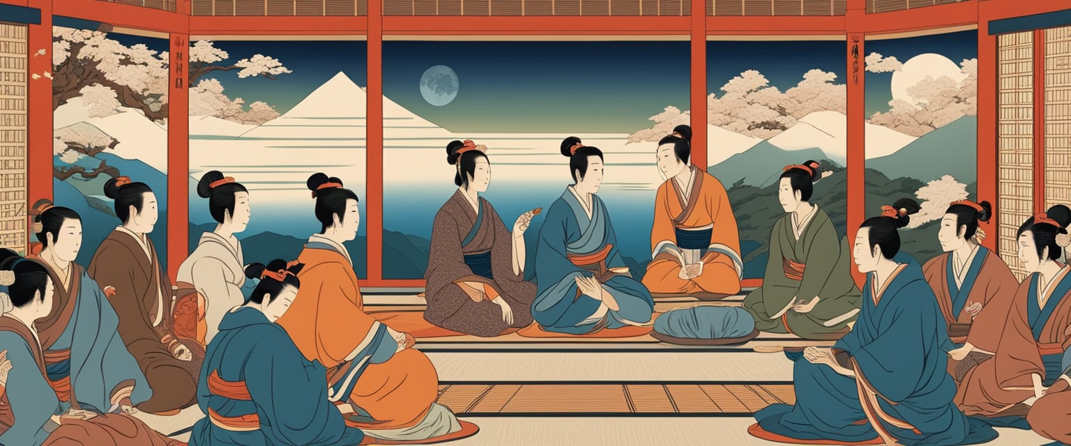 A group of people sitting in a circle, passing around a joint and engaging in conversation, with colorful artwork and cultural symbols in the background