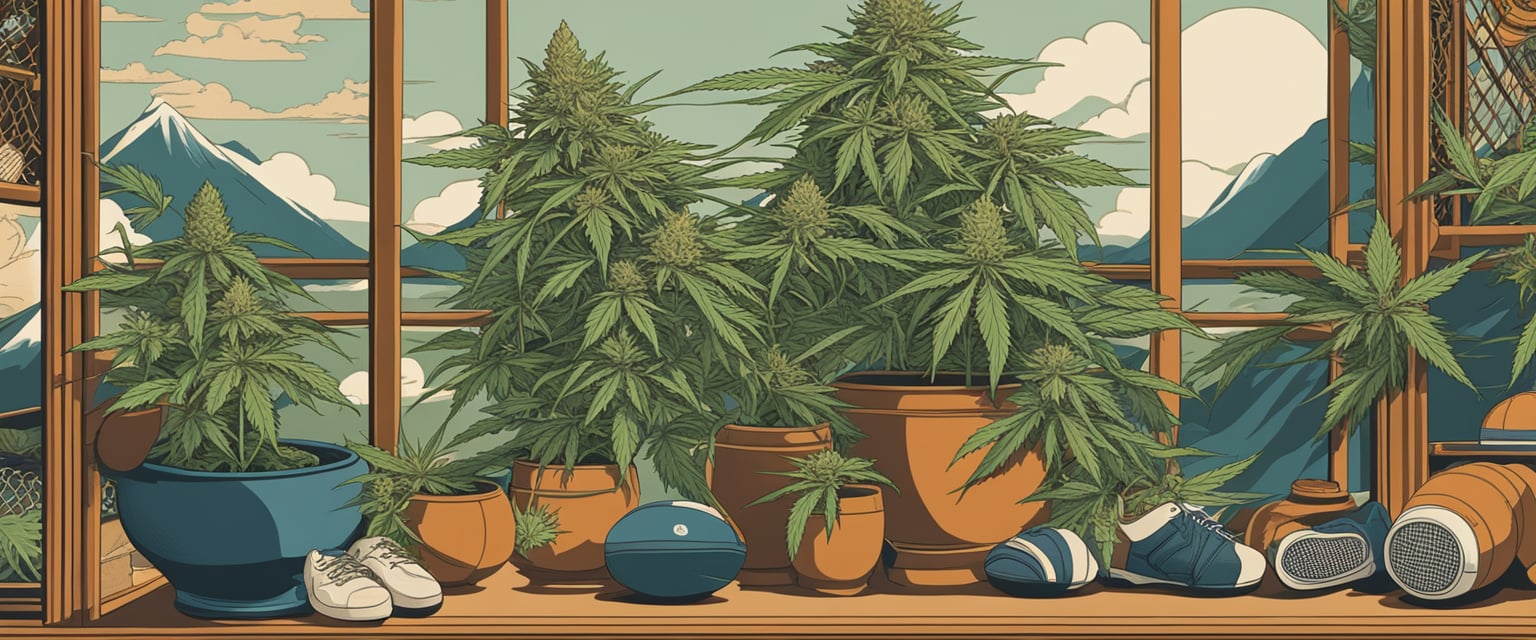 A cannabis plant surrounded by sports equipment, with a focus on pain relief