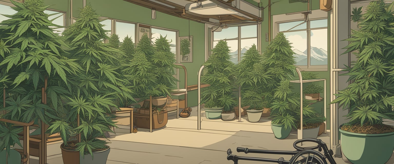Cannabis plants in a medical setting, alongside sports equipment