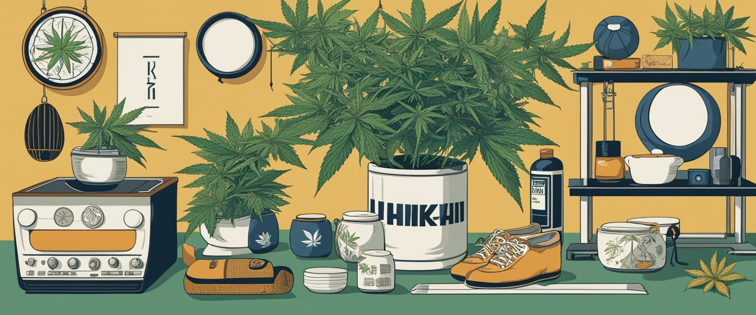 A cannabis plant surrounded by athletic equipment and relaxation items, symbolizing its role in both sports recovery and performance enhancement