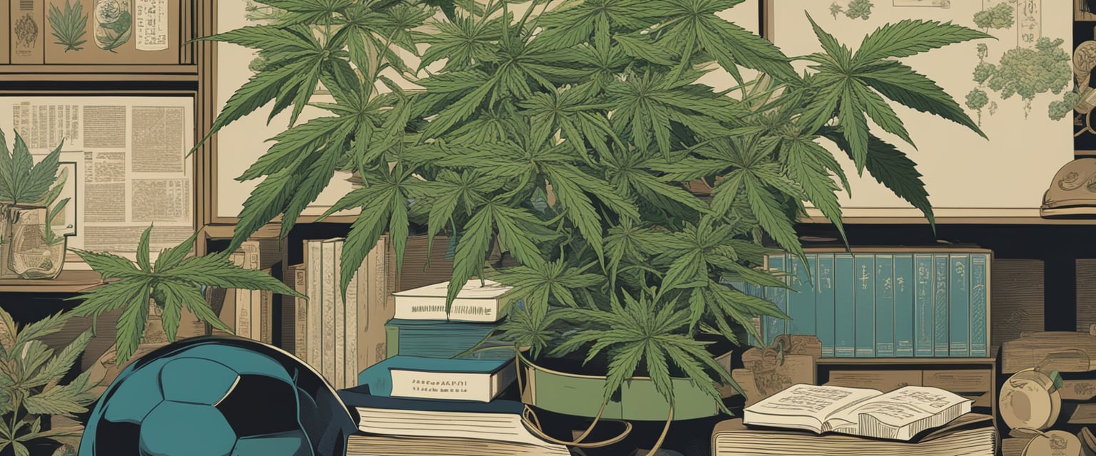 A cannabis plant surrounded by sports equipment and medical textbooks