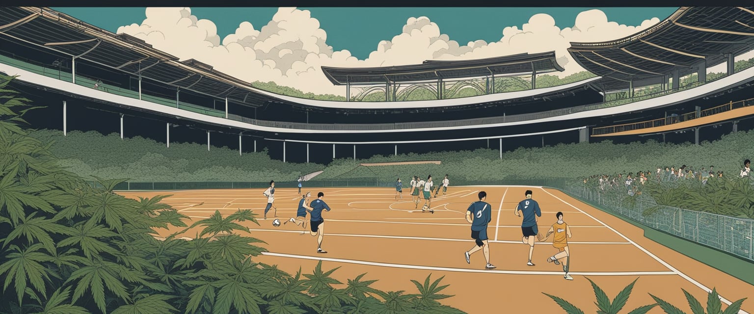 A sports field with cannabis plants growing alongside track, with athletes in the distance