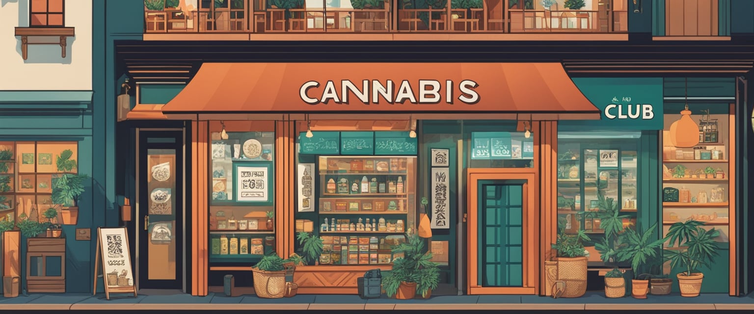 A vibrant storefront with a sign reading "Cannabis Social Club" surrounded by various cannabis products and services on display