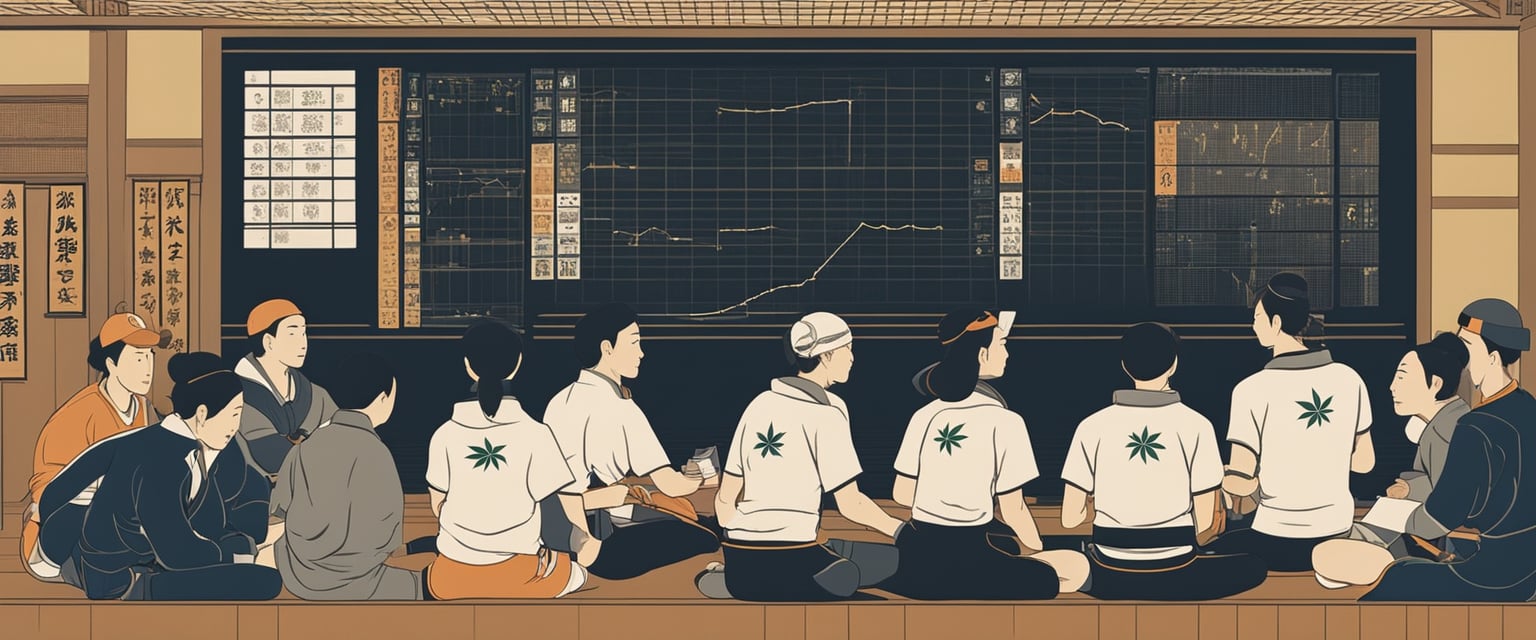 A group of athletes discussing the performance-enhancing and ergolytic effects of cannabis in sports, with charts and graphs displayed on a large screen