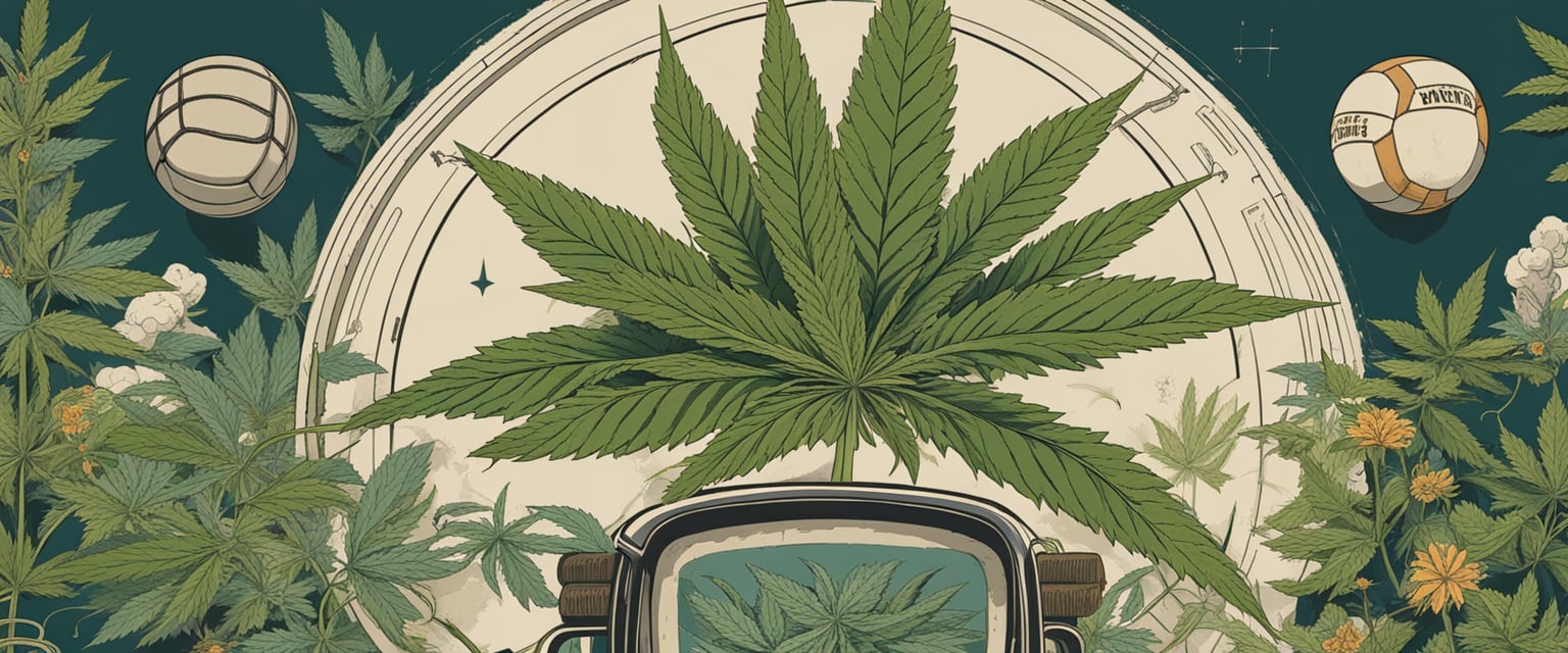 A cannabis plant surrounded by sports equipment, with arrows showing its impact on physiological functions