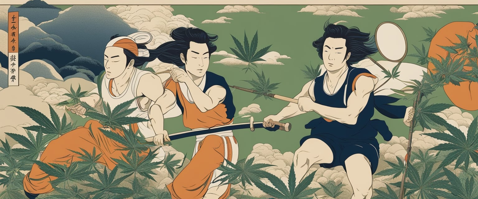 Athletes using cannabis, with sports equipment in the background
