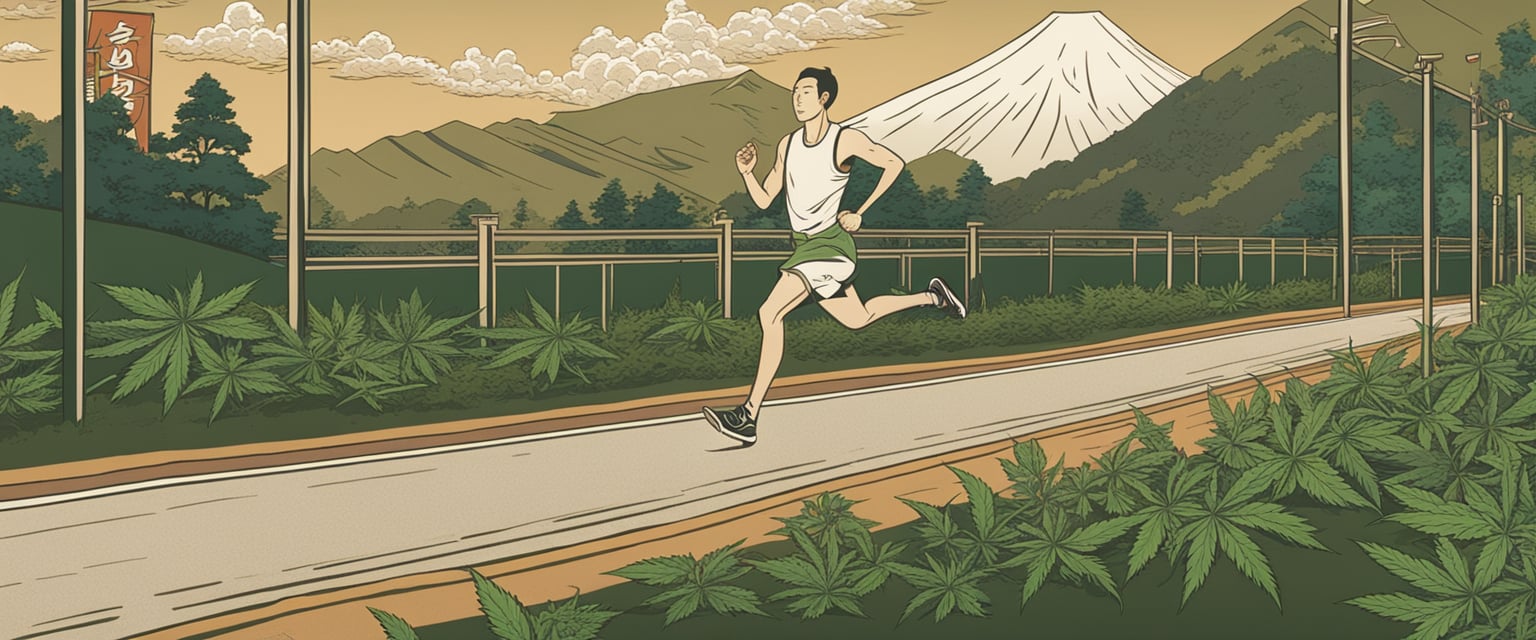 A runner passes a cannabis leaf on a track, with sports equipment in the background